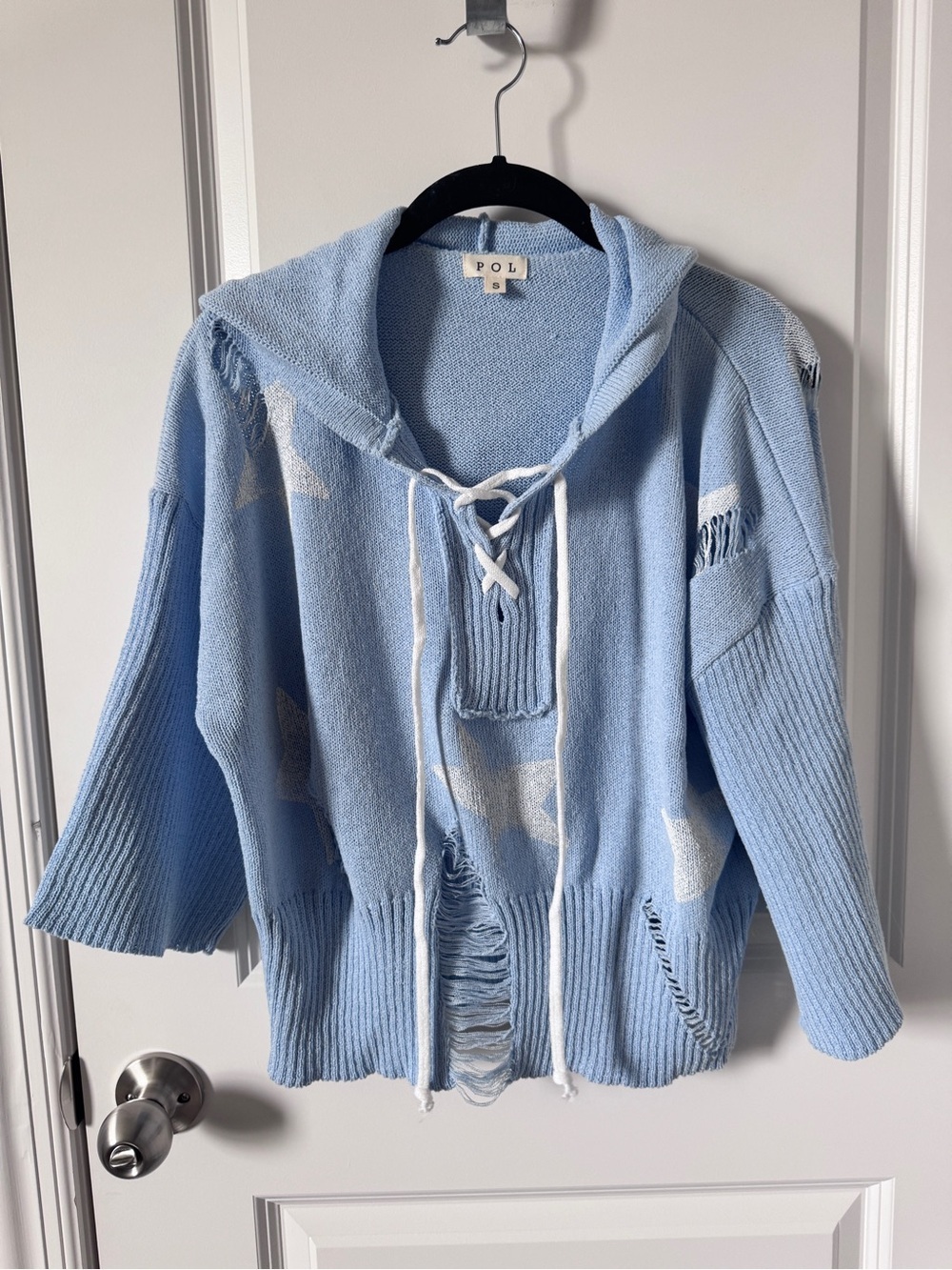 NWOT-POL Blue Hooded Knit Sweater with Distressed Details-Small